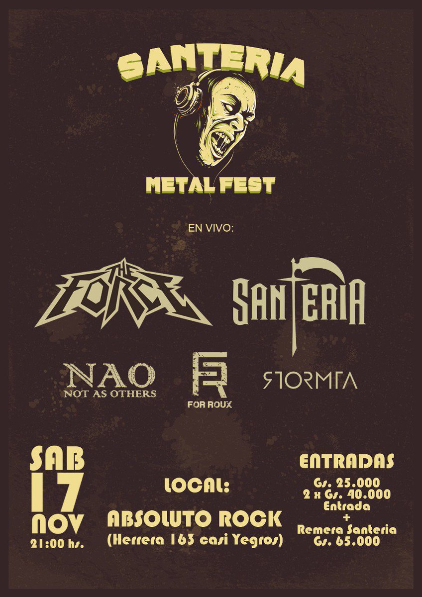 ForRoux's tweet photo. Se viene un súper festival. 
😎
💀
😈
El sábado 17 de noviembre estaremos tocando en el Santeria Metal Fest. 
A las 22:00... 
Les esperamos a todos para gritar y saltar todos nuestros temas. 
😎💀🤘😎. #for #roux https://t.co/jNxKLPGhEf