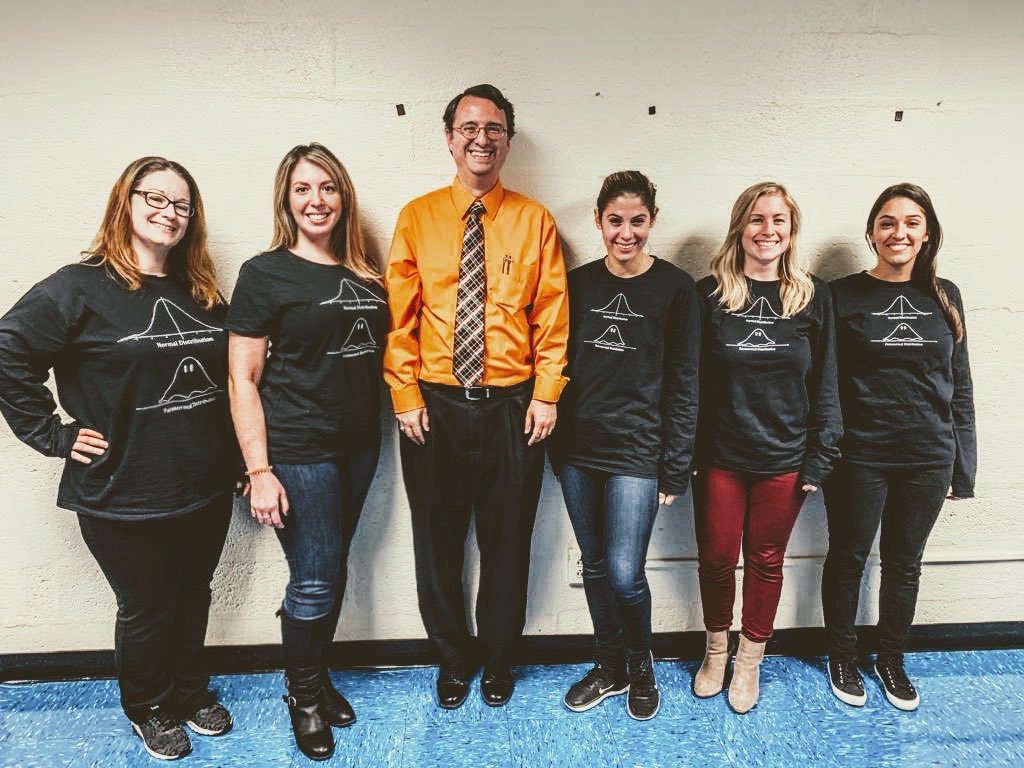 SchoolPsychKyra's tweet image. What do you do when your stat class is meeting on Halloween? You get corny t-shirts, of course. #paranormaldistribution #statpuns #bestcohortever