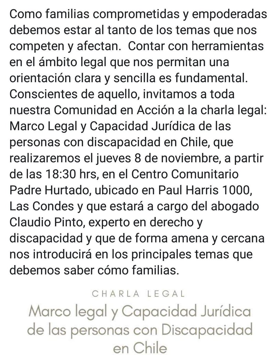 DownPapas's tweet photo. Charla Legal 
Entrada gratuita, previa inscripción en: https://t.co/XIyYjRswEs 
 realizaremos el jueves 8 de noviembre, a partir de las 18:30 hrs, en el Centro Comunitario Padre Hurtado, ubicado en Paul Harris 1000, Las Condes y que estará a cargo del abogado Claudio Pinto. https://t.co/jE6UPwt7H3