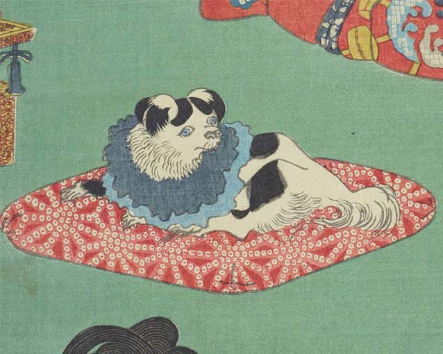 太田記念美術館 Ota Memorial Museum Of Art 本日11 1は 犬の日 こちらは歌川国芳が描いた犬の 浮世絵 武家のお姫様のペットの狆 ちん です 綺麗な赤い座布団に座り 筝の演奏に耳を傾けています お姫様に溺愛されているようです 来年1 5より原宿の