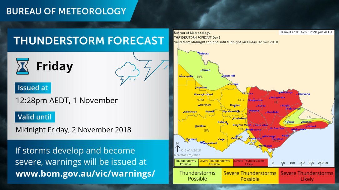 BOM_Vic's tweet photo. Here the the thunderstorm forecast map for Friday with a risk through much of #Victoria, more likely in the east in the afternoon near the cool change. Damaging winds, large hail and heavy rain are all possible. Keep up to date with the latest here: https://t.co/FDw6fEWeOq https://t.co/t3mmE487q7