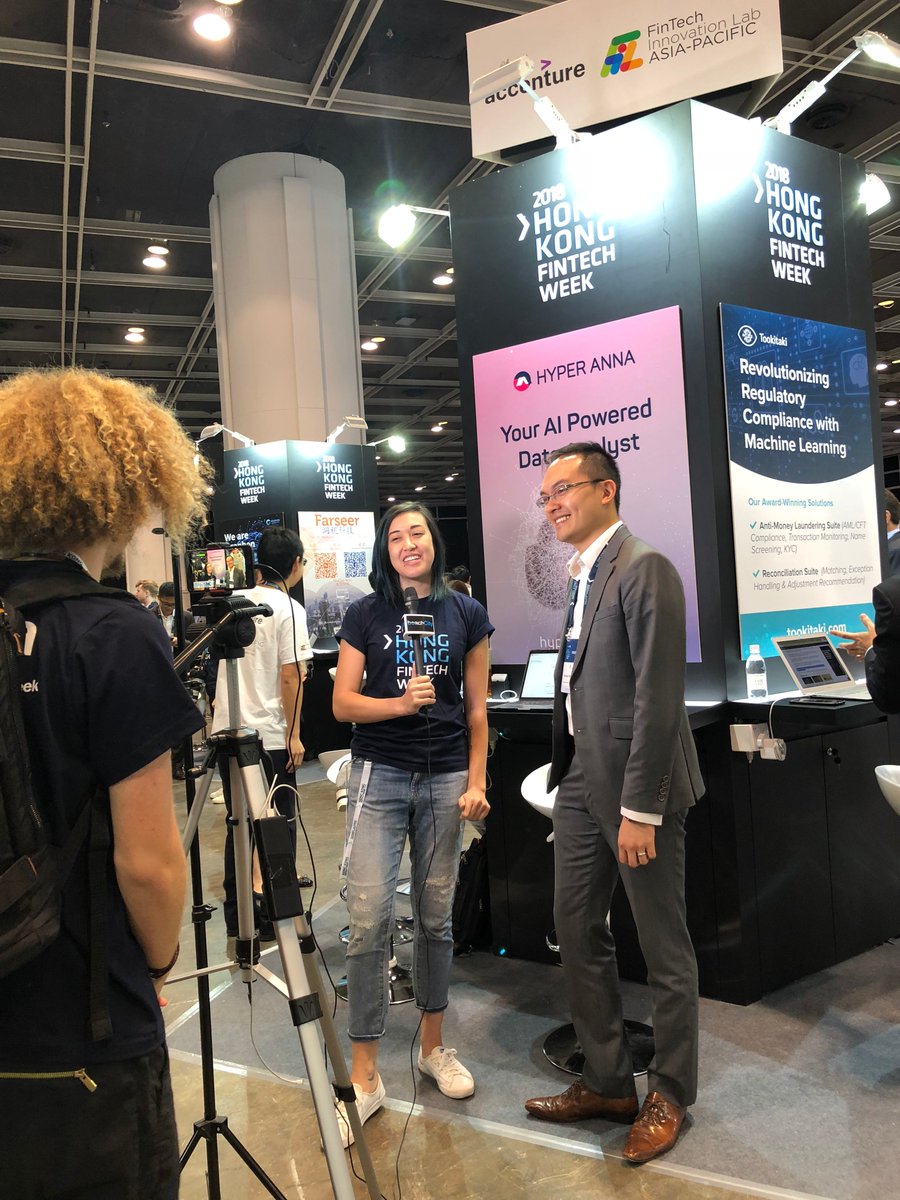 FinTechLabAPAC's tweet photo. Eventful day at the #Accenture #FinTech #Innovation Lab Asia-Pacific booth! @Farnder Tan of @hyperanna_AI being interviewed at our booth earlier on. #HKFinTechWeek #FinTechInnovationLabAPAC https://t.co/kDIvldCvSg