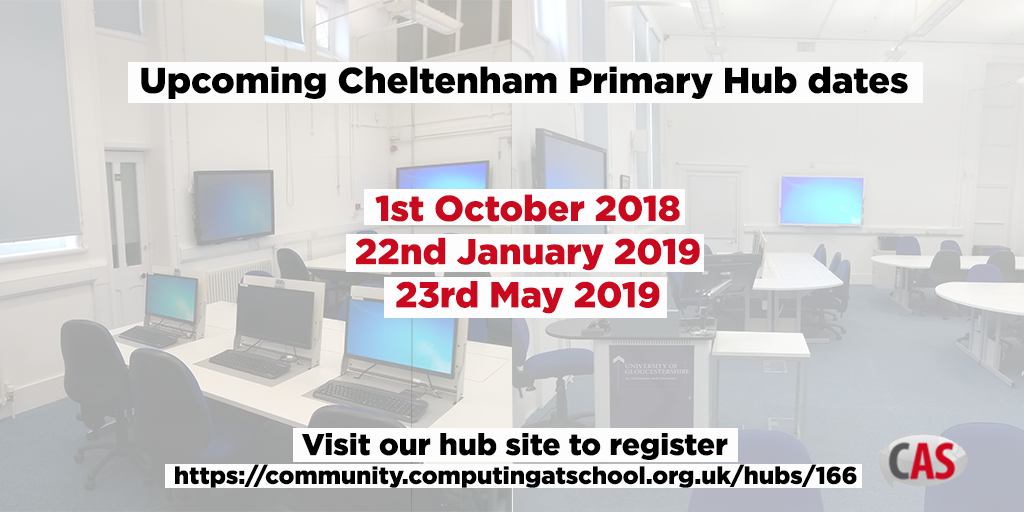 UoGEducation's tweet photo. Are you a #primary #computing subject leader? Did you know that @CAS_CheltPriHub hosts three #CAS hub meetings every year at our campus in Cheltenham? Our next one is on Tuesday 22nd January and is FREE to attend for local school teachers. https://t.co/TrtprnB1If #CPD https://t.co/7VZTjeZoGo