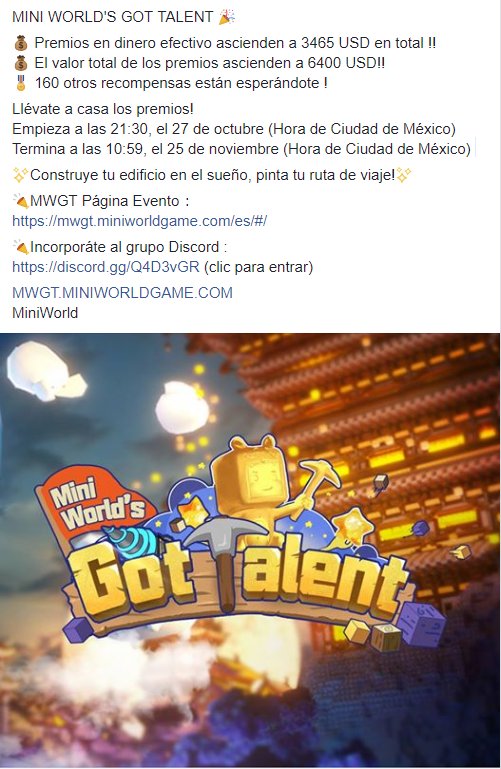 EspanolMini's tweet image. 📣MWGT Página Evento ：
mwgt.miniworldgame.com/es/#/

📣Incorporáte al grupo Discord :
discord.gg/Q4D3vGR (clic para entrar)

MWGT.MINIWORLDGAME.COM
