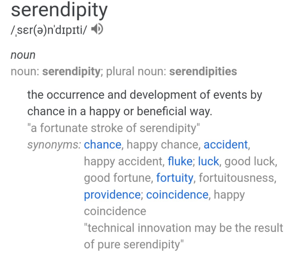 WordZoned's tweet photo. Serendipity: the occurrence and development of events by chance in a happy or beneficial way
#WordOfTheDay #wordzoned https://t.co/WWsX5K0TNh