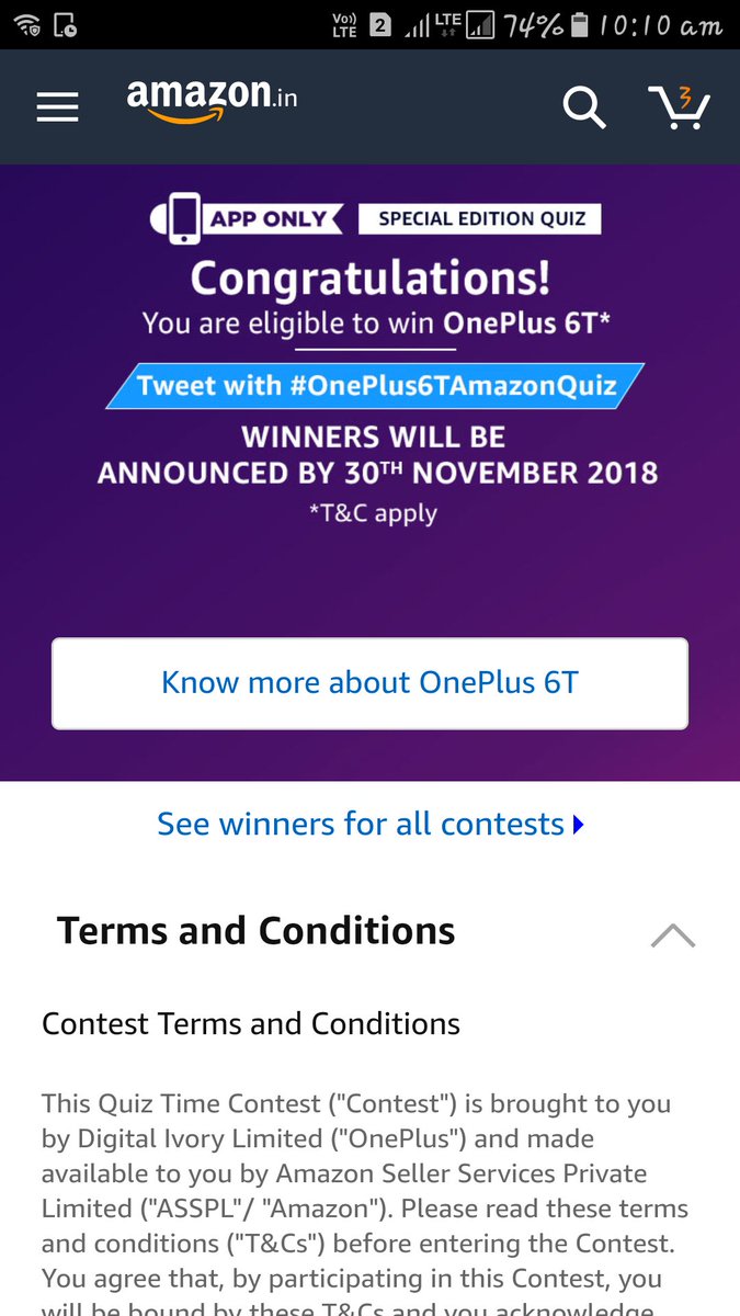 Shrutcoolgal's tweet photo. #oneplus6T amazon quiz https://t.co/e6z1D4WAzg