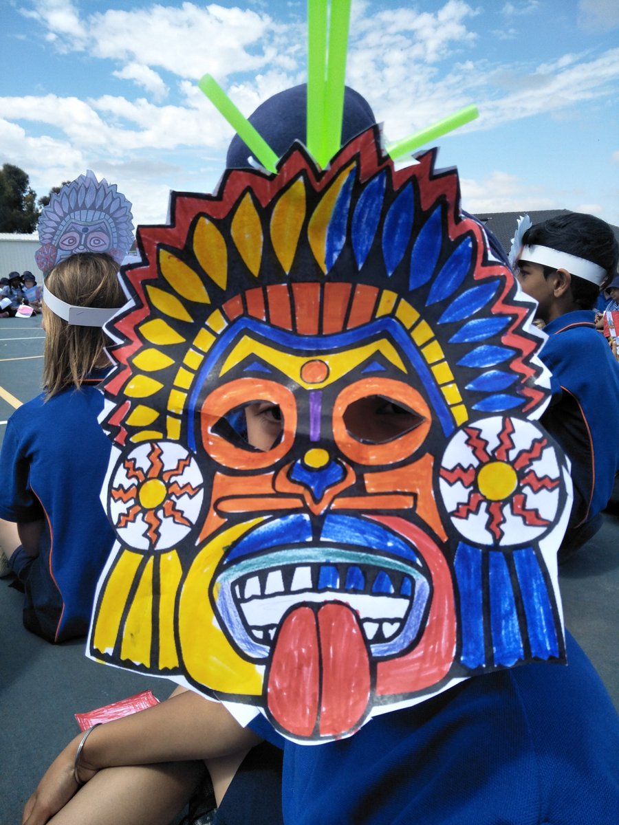 PhillipsSenora's tweet photo. How great are these South-American Indigenous masks? The best of the parades was hearing about new learning like "We learned that Argentina has really tall mountains." and "We learned that Machu Picchu is a famous place in Peru." #SpanishWeekACPS @AitkenCreekPS https://t.co/O9BHpwkxZ5