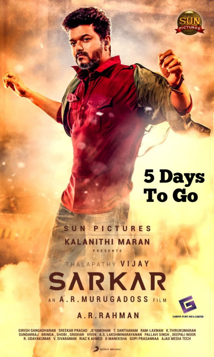 GaneshFilms1's tweet photo. And the Countdown begins,
5 days to go for most awaited Movie of the year #Sarkar
This Diwali is #SarkarDiwali for all the movie lovers.

#SarkarFromNov6th #SarkarBookingFromFriday #SarkarDiwaliIn5Days https://t.co/1Q947zkZuo
