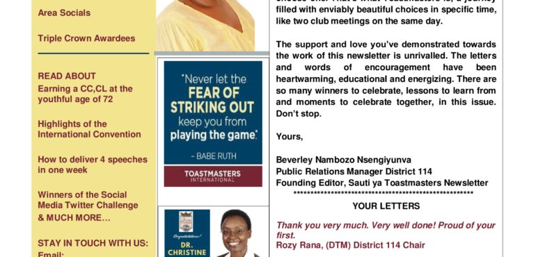 District 114 (Toastmasters East Africa) (@toastmastersea) on Twitter photo Follow this link to read about the impact Toastmasters is making in East Africa. OUR SAUTI YA TOASTMASTERS NEWSLETTER, ISSUE tmeastafrica.org/2018/10/25/774/
<a href="/OfficialTresTM/">TRES Toastmasters🇷🇼</a> <a href="/NakuruToastmas1/">Nakuru Toastmasters</a> <a href="/k_toastmasters/">K Toastmasters</a> <a href="/SmartSpeakTM/">Smart Speak Toastmasters Club</a> @kampalatm1 Follow this link to read about the impact Toastmasters is making in East Africa. OUR SAUTI YA TOASTMASTERS NEWSLETTER, ISSUE tmeastafrica.org/2018/10/25/774/
<a href="/OfficialTresTM/">TRES Toastmasters🇷🇼</a> <a href="/NakuruToastmas1/">Nakuru Toastmasters</a> <a href="/k_toastmasters/">K Toastmasters</a> <a href="/SmartSpeakTM/">Smart Speak Toastmasters Club</a> @kampalatm1