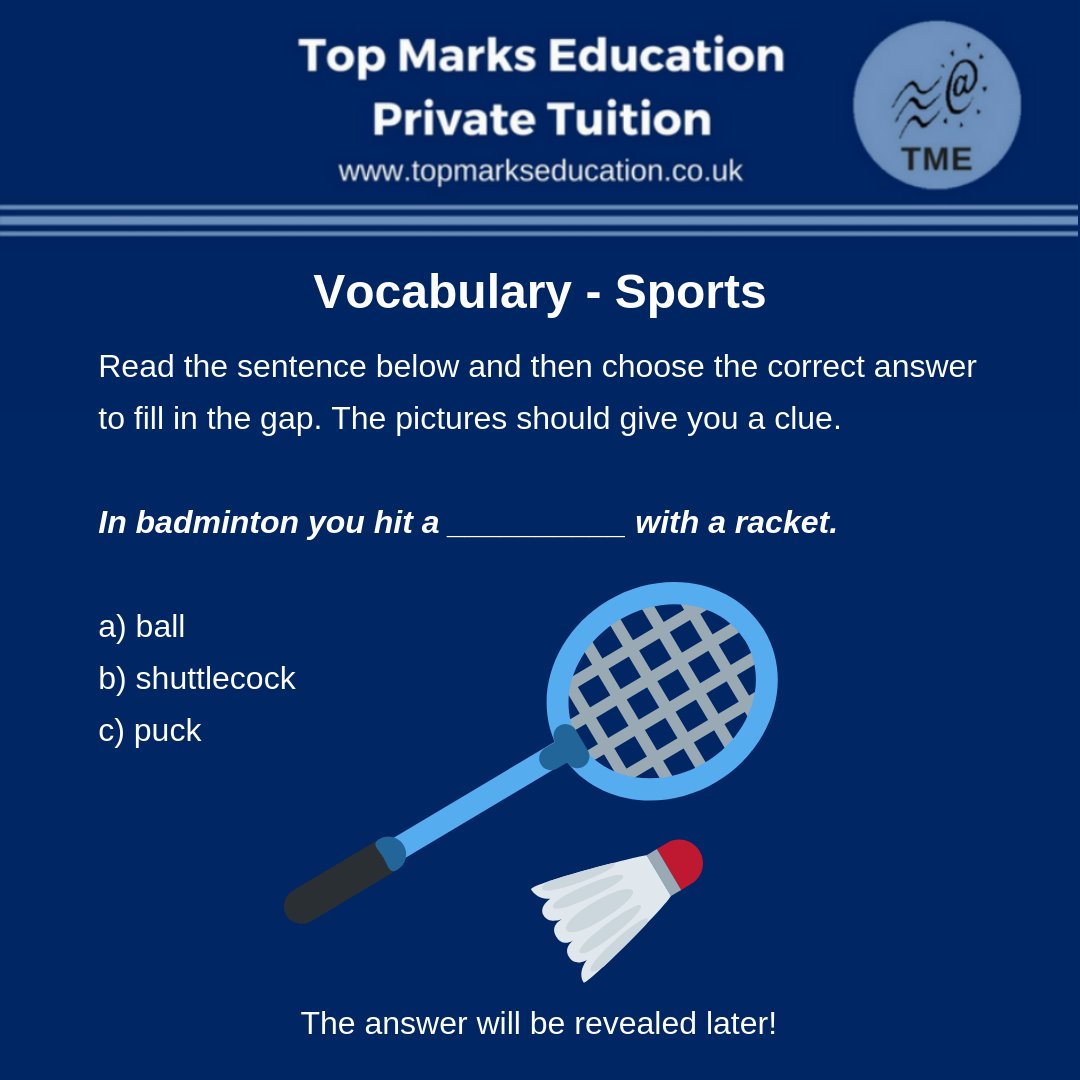 #vocabulary #sports #EnglishLessons #LearnEnglish
It's Thursday and our topic this week is sports. Here is another challenge for you to solve. Here is a sentence with a missing word. Can you work out which option goes in the gap: A, B or C? Watch out for the answer tomorrow!
