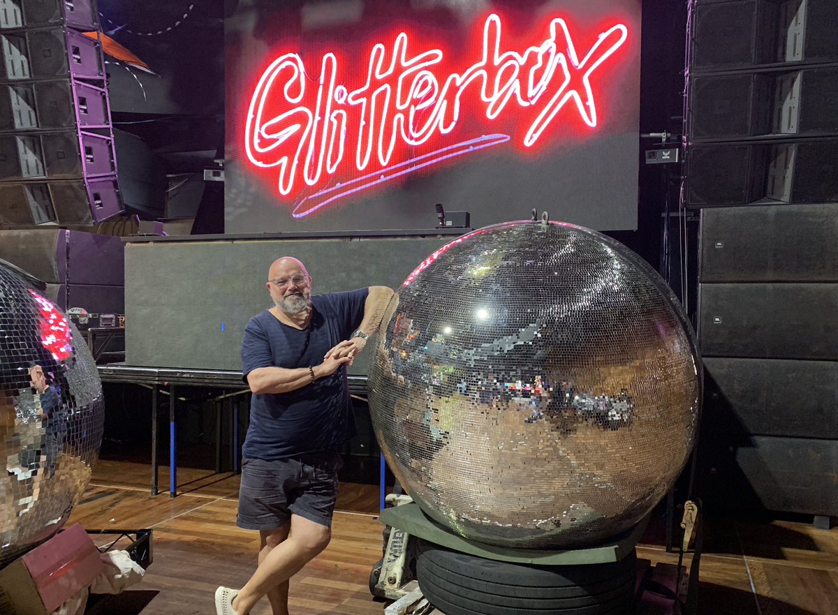 SimonDunmore's tweet photo. Final preparations for tomorrow’s @glitterboxibiza Sydney show @homesydney. When it comes to balls like these size definitely matters! It’s going to be a sell out show. Come join us! https://t.co/NTlZhOoscR