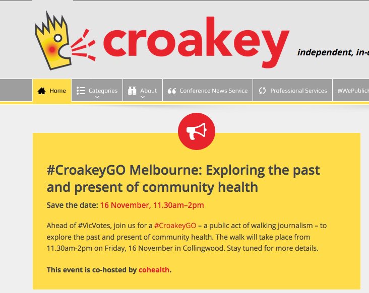 CroakeyNews's tweet photo. At @CroakeyNews, we are looking forward to a #CroakeyGO in Melbourne on Friday, 16 Nov, profiling community health matters ahead of #VicVotes. Delighted that @cohealth_au is co-hosting and sponsoring this event. Stay tuned - more details to come. #WalkingJournalism #JoinUs! https://t.co/DiLFKFIMQJ