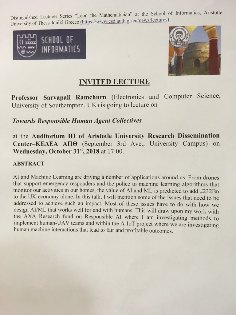 gramchurn's tweet photo. Invited lecture at Thessaloniki Aristotle uni https://t.co/ZvY7K7S6Yg