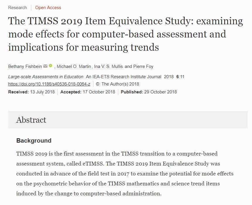 iea_education's tweet photo. New article from @TIMSSandPIRLS in our @SpringerOpen #openaccess journal detailing research underpinning the plans for a bridging study between paper TIMSS and eTIMSS for the #TIMSS 2019 cycle https://t.co/DeDSWoC7xa  #STEMeducation #edchat https://t.co/P4JguP3pQF