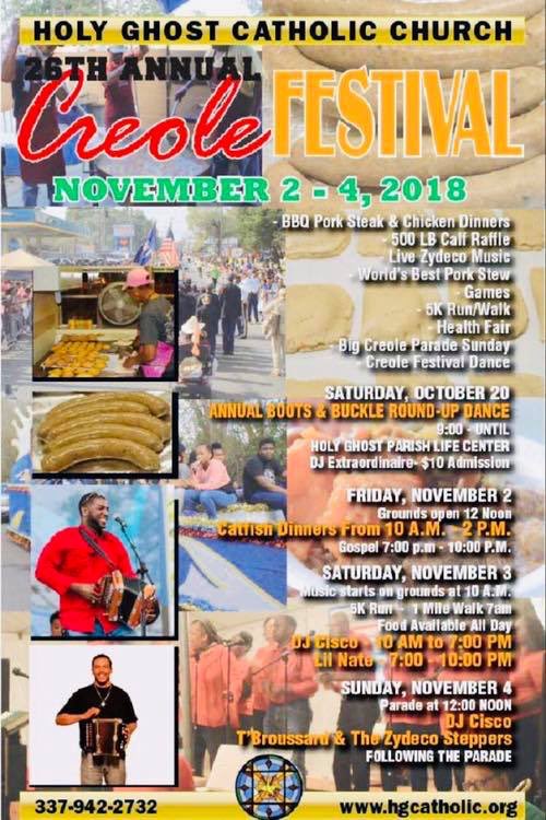 CreoleFest's tweet photo. 💥Friday 11/02/2018 - Sunday 11/04/2018💥
NOVEMBER 2, 3, and 4, 2018 
26th Annual Holy Ghost #Creole Festival
🚨🚨🤠💃🏾🕺🏾🐎🚨🚨
More #zydeco #zydecomusic #festivals #trailrides at https://t.co/TrowrzIqtq 281-377-1335
#zydecoevents #zydecoworkout
#zydecolady https://t.co/cj1jWcAlM4