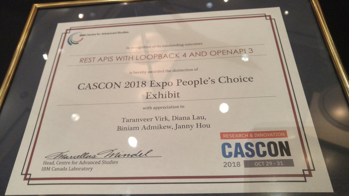 MobileDiana's tweet photo. Thanks for those who voted and/or stopped by the #loopback booth yesterday at #cascon2018. Excited to share this amazing #NodeJS framework, and catch up with some old CAS friends. https://t.co/itMCmQgIsx