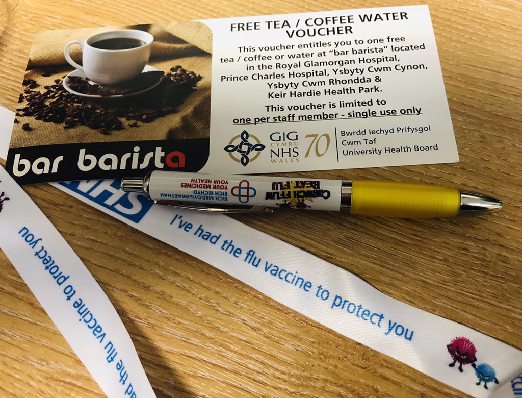 estheryoud's tweet image. Awesome free goodies for having your flu jab @CwmTaf 
Free pen (always good), lanyard AND free coffee voucher! #getyourflujab #beatflu #ivehadmyflujab