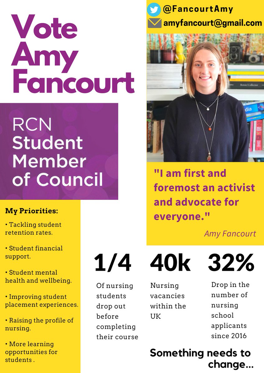 FancourtAmy's tweet photo. VOTE AMY FOR @RCNStudents, I feel passionately about all of these issues; I am outspoken and unafraid to tell the truth, even if it isn't always what people want to hear. Together we can create change!
Feel free to contact me with any questions!
#rcnstudentelection #150leaders https://t.co/PsM5KtN7WM