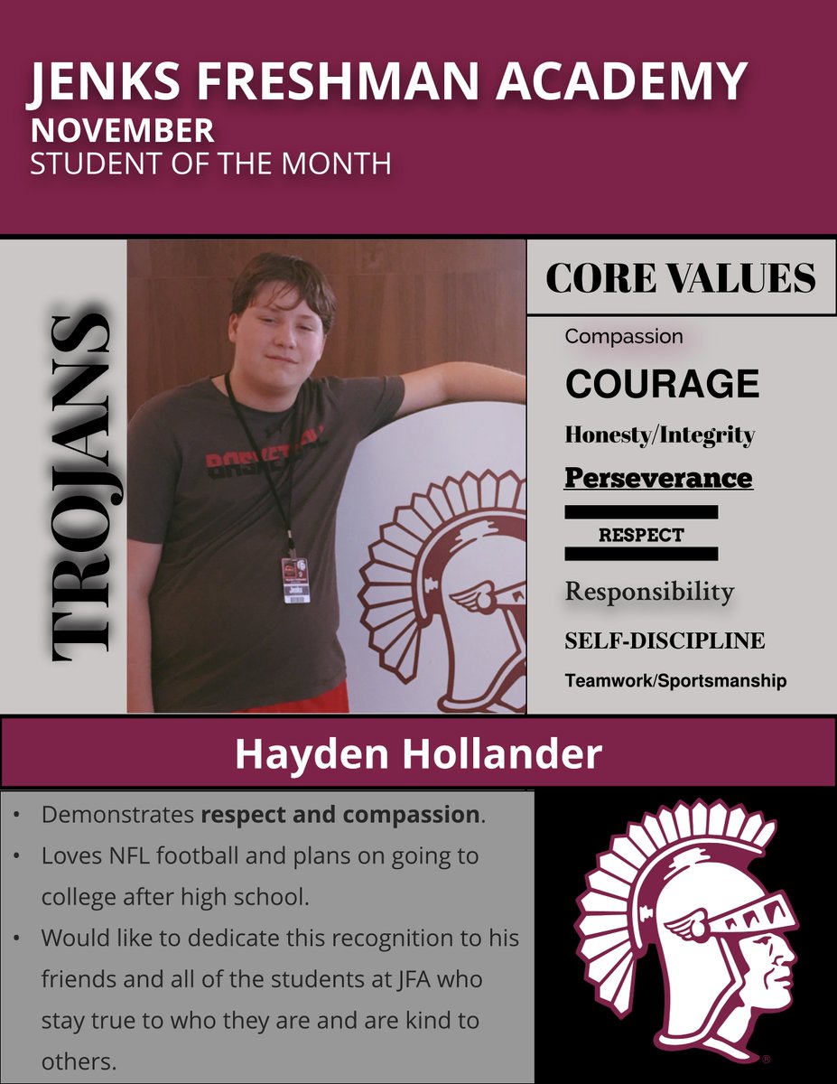 JenksFreshmanAcademy (@jenksfa) on Twitter photo Our November Student of the Month is Hayden Hollander! Hayden represents our <a href="/jenksps/">Jenks Public Schools</a> Trojan values of respect and compassion. He is also a HUGE Washington Redskins fan! Thanks for being such a great leader on our campus, Hayden! Our November Student of the Month is Hayden Hollander! Hayden represents our <a href="/jenksps/">Jenks Public Schools</a> Trojan values of respect and compassion. He is also a HUGE Washington Redskins fan! Thanks for being such a great leader on our campus, Hayden!