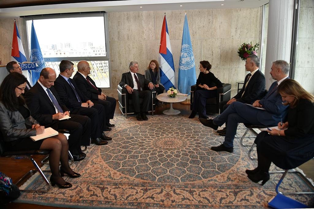 DiazCanelB's tweet photo. Sostuvimos un cordial encuentro con Audrey Azoulay, Directora General de la UNESCO. Tratamos los temas del trabajo conjunto, las experiencias de #Cuba, la defensa del multilateralismo, el  cambio climático, entre otros. #NoMasBloqueo #UnblockCuba https://t.co/Lk92VXnyaP