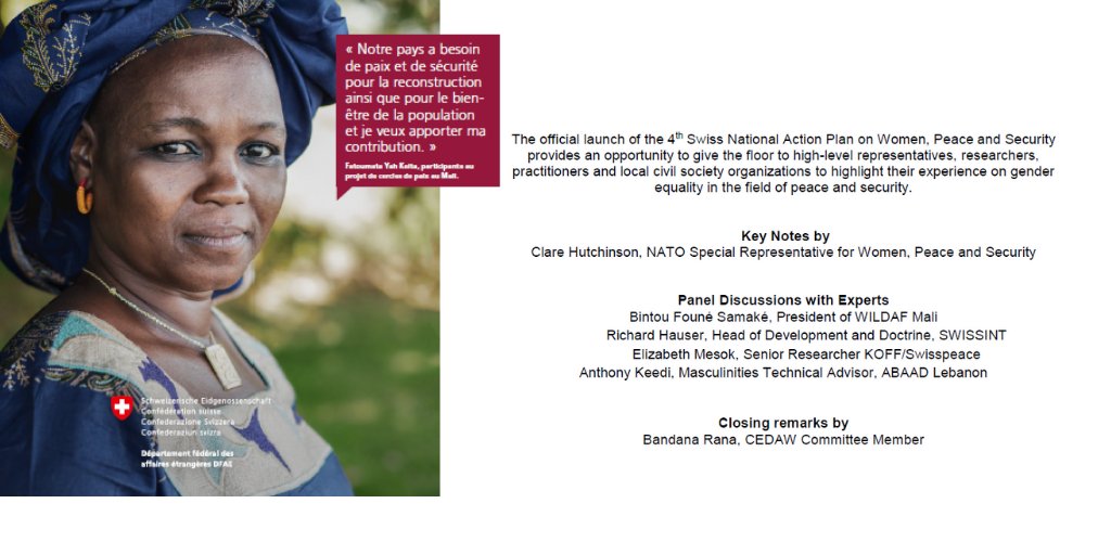 #Switzerland invites you to discuss #gender equality for #peace &amp; #security on Thursday, November 22, from 3 pm to 5 pm at Maison de la Paix, Pétale 5, Room C1. Please register till November 15 at swissnap@dcaf.ch
bit.ly/2qkVPSS