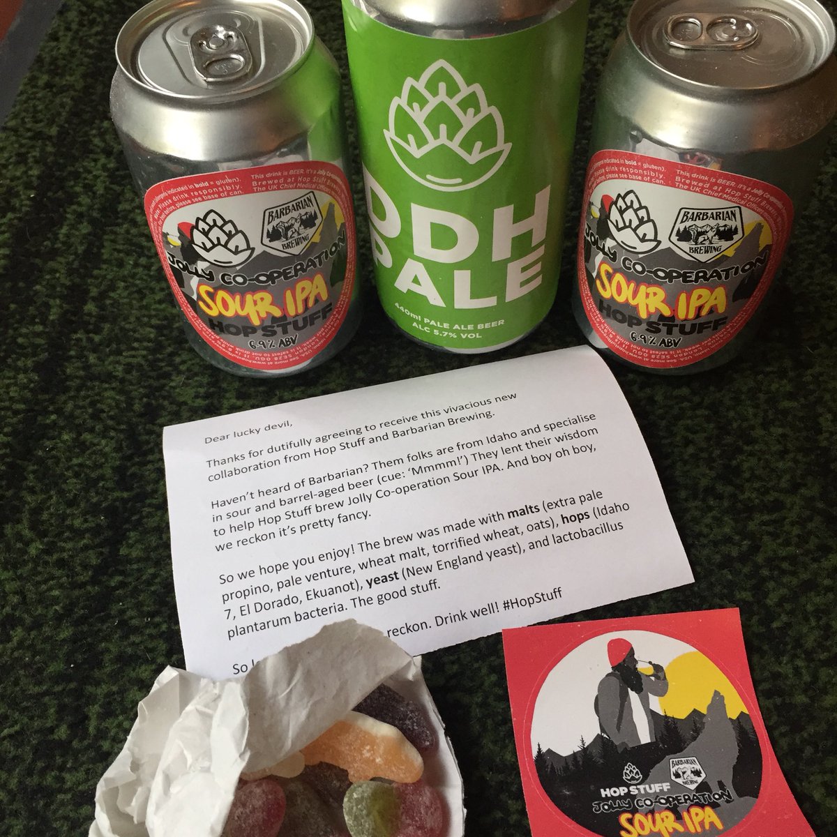 timofnewbury's tweet photo. A big thank you to Hop Stuff Brewery for the beery & (sour) sweetie package which was just delivered.
Look forward to trying
Jolly Co-Operation Sour IPA
a collaboration with Barbarian Brewing of Idaho. Cheers! #HopStuff #beer https://t.co/NLP46Y0X1I