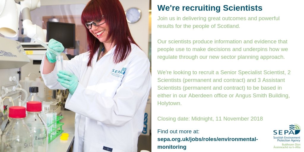 ScottishEPA's tweet photo. We’re changing today, creating a world-class environment protection agency for the challenges of tomorrow. We’re looking for experienced scientific talent; check out our current vacancies for Scientists: https://t.co/ksHA5O6Qxz 
#recruitment #career #nextstep #scientist #SEPA https://t.co/M5LwQxMCFx