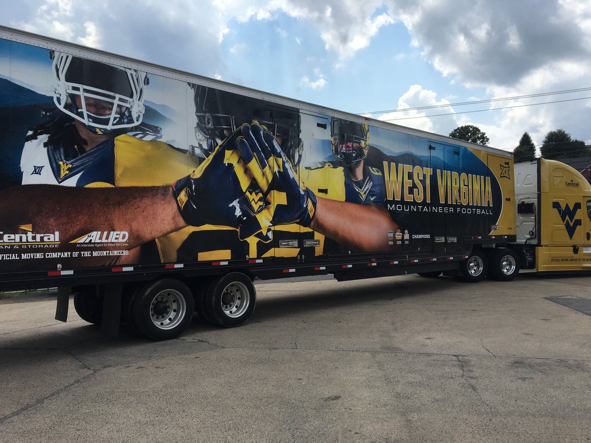 WVUfootball's tweet photo. The best looking truck on the road is heading to Austin! Special thanks to @central_allied, the official moving company of the Mountaineers. https://t.co/MWrwUsmgWn