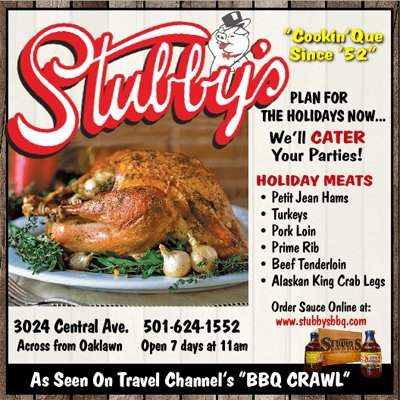 StubbysBBQ's tweet photo. It is never too early to plan and #ThanksGiving is approaching fast! We are ready to #cater your special #holiday so you can spend more time with your #family and #friends! #Arkansas #HotSprings #BBQ #BBQsauce https://t.co/ttICLT2lMy