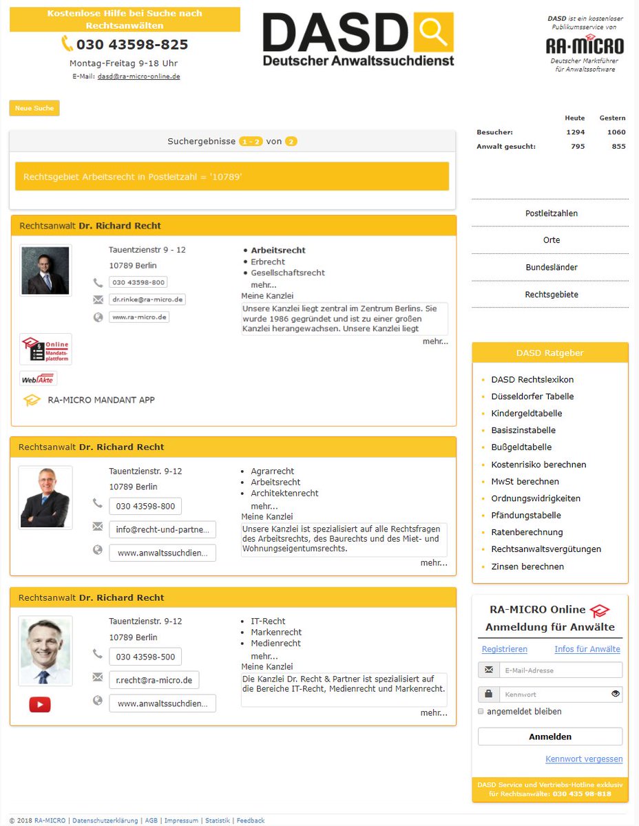 ramicroonline's tweet photo. Gewinnen Sie Mandanten mit dem Deutschen Anwaltssuchdienst. Mit einem individuellen Eintrag im #DASD präsentieren sich Anwälte und Kanzleien dort, wo nach ihnen gesucht wird: online und in sozialen Netzwerken. Mehr Infos: https://t.co/hkCIGo6XEs https://t.co/wrYWSZnQOH