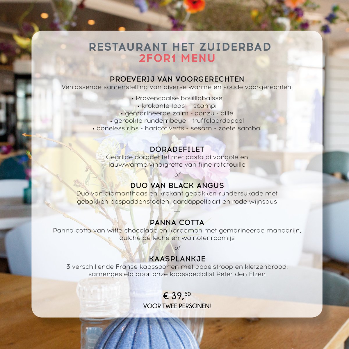 Het is weer november en dat betekend 2FOR1! Heb jij ons 3-gangen menu al gezien? Deze maand €39,50 voor 2 personen! Graag tot snel #2FOR1