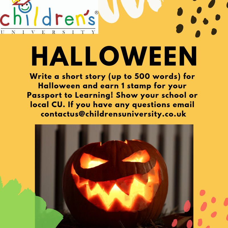 SouthHertsCU's tweet photo. In case you missed it: The #ChildrensUniversity @CU_Trust challenge for this #Halloween. Just send us your spooky short story to gain one hour of learning towards next year's graduation! 🎃 https://t.co/3ml7rsYMHg