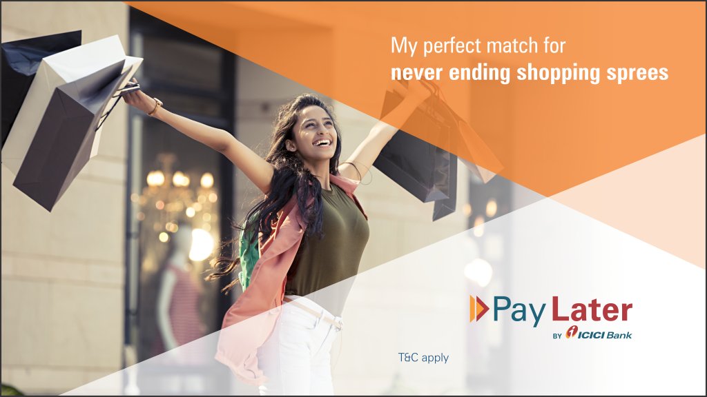 ICICIBank's tweet photo. Don’t put a full stop to your shopping spree #ThisFestiveSeason. Feel free to shop as you can now avail an instant digital credit facility up to ₹20,000 for 45 days with #PayLaterByICICIBank. Know more on: https://t.co/PjSWpZTZqj https://t.co/NtEkgKiQPb