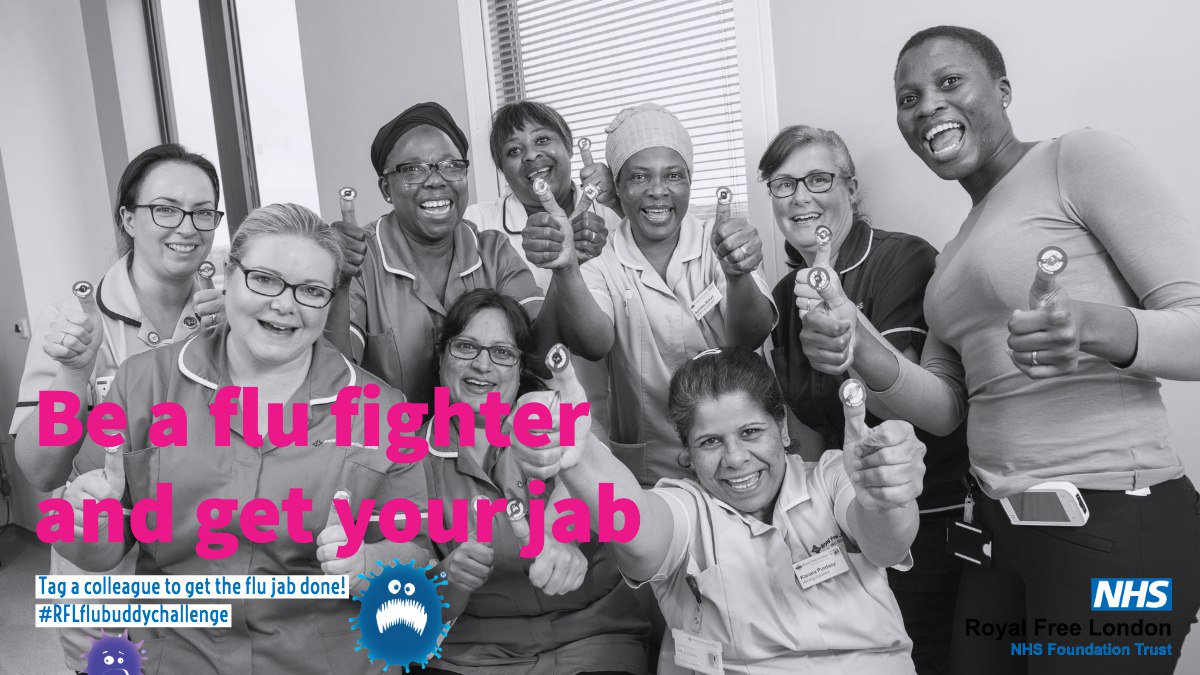 RoyalFreeNHS's tweet photo. We are encouraging our staff to join in the fight against flu on social media by participating in the #RFLflubuddychallenge. Get the #jabdone and nominate your colleague to do the same. 💉 https://t.co/Ad6MwE0yLf