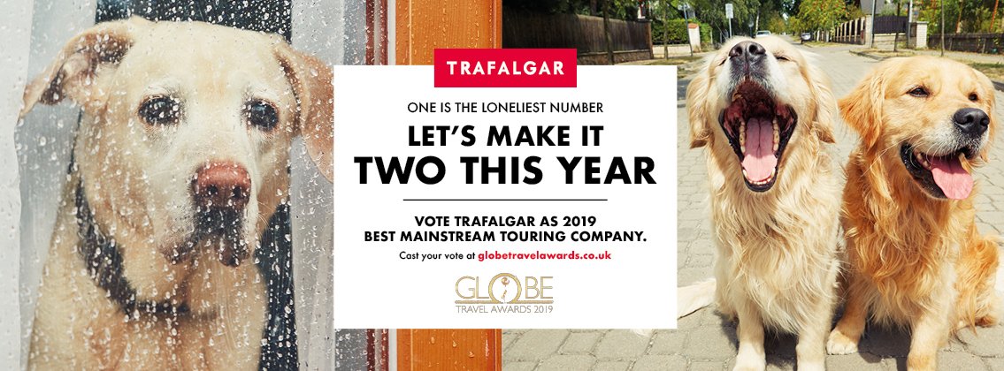 We are very proud to have been nominated for a #TWGlobes Awards - let's give our 1 lonely Globe Award some company by getting another and voting today for Trafalgar as: BEST MAINSTREAM TOURING COMPANY 
Thank you for your support!
tinyurl.com/y8tzye9c