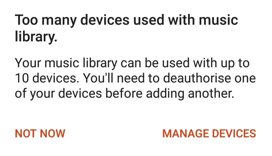 Too many devices used with music library.  
Your music library can be used with up to 10 devices. You'll need to deauthorise one of your devices before adding another.