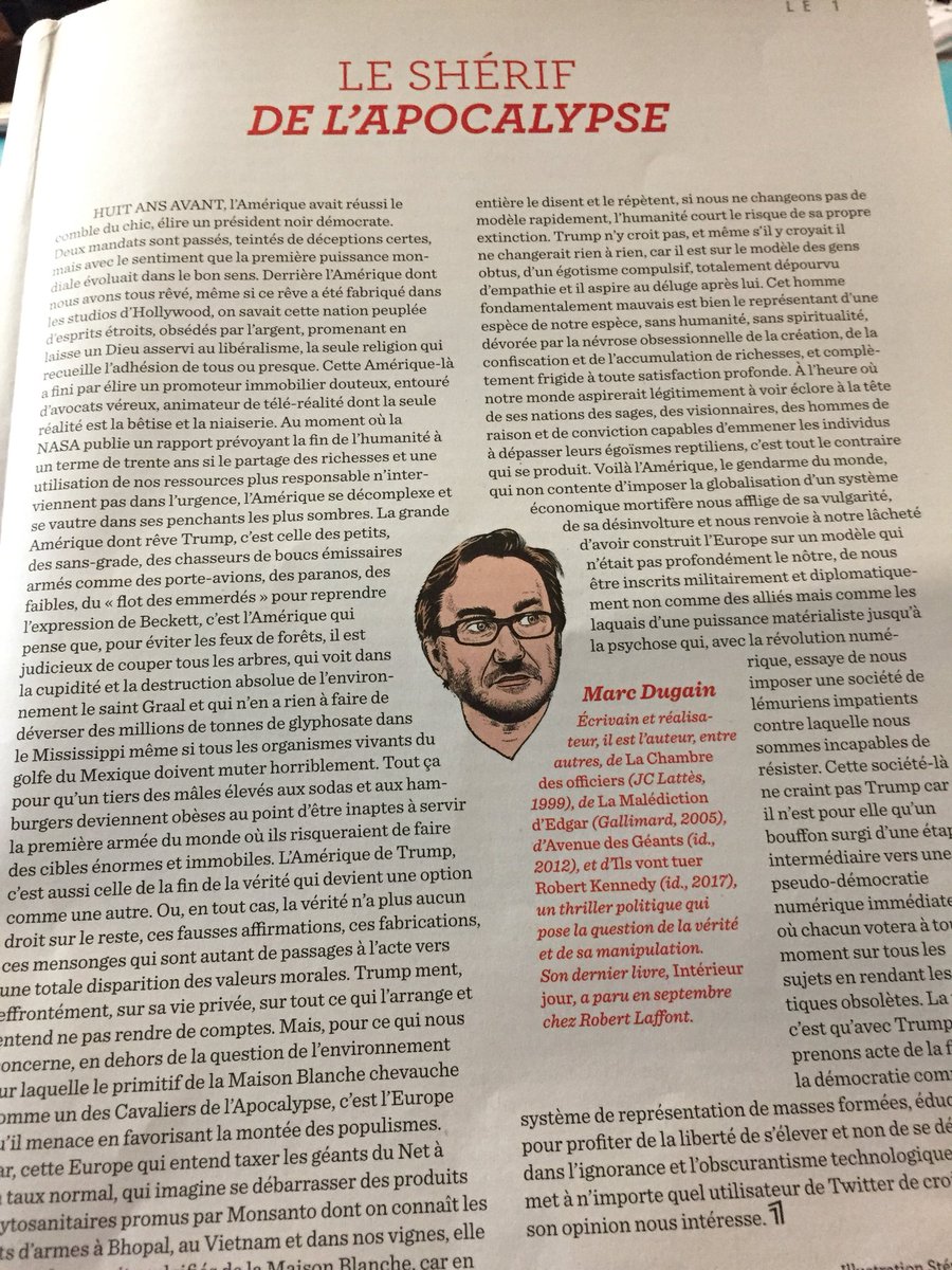Numéro toujours plus que réussi <a href="/Le1hebdo/">Le 1</a> Décorticage de #Trump Nausée assurée Le texte de <a href="/Dugainmarc/">Marc Dugain</a> nous fait nous sentir moins seuls dans ce cauchemar made in USA 🇺🇸 Europe littéraire en rempart 🙏😉 #le1hebdo <a href="/ericfotto/">eric fottorino</a> <a href="/julienbisson/">Julien Bisson</a> <a href="/Manonpaulic/">Manon Paulic</a>