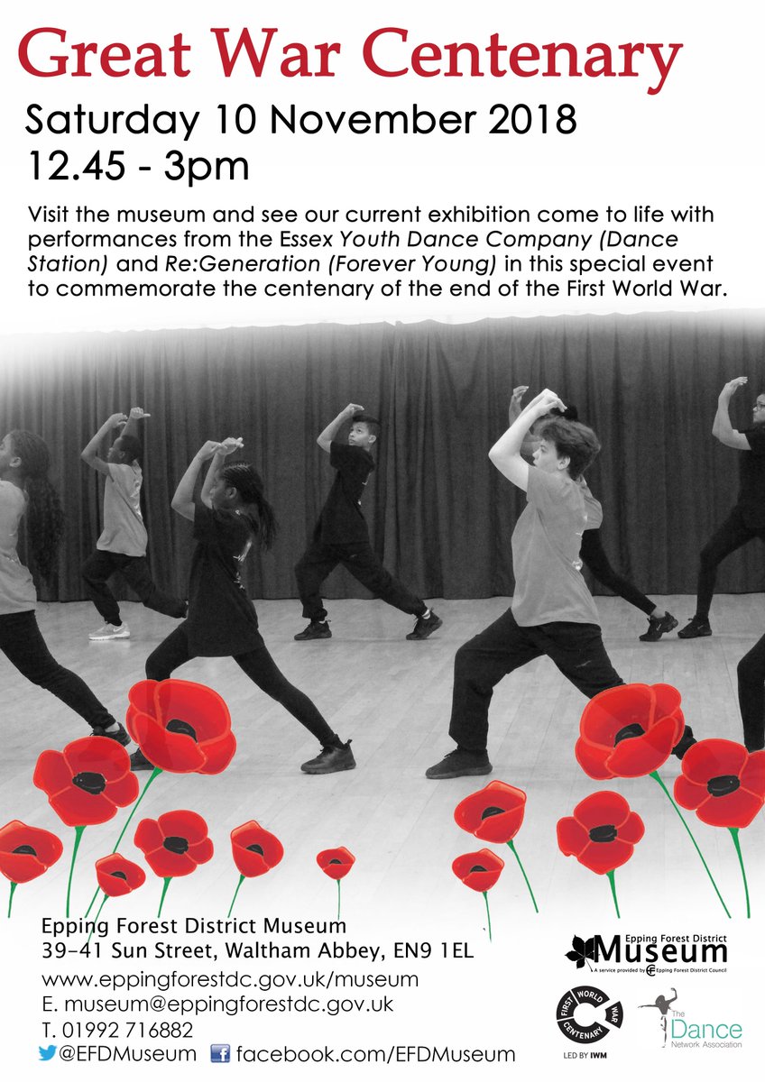 Join us on 10 November 12.45-3pm for our Great War Centenary event. Essex Youth Dance Company and Re:Generation, part of @DanceNetEssex, will be performing for a special event to commemorate the centenary of the end of the First World War