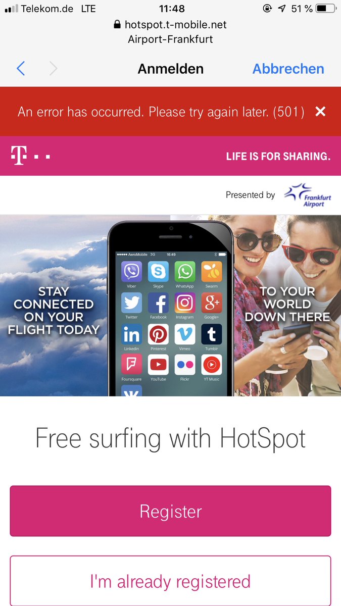 ⁦<a href="/Telekom_hilft/">Telekom hilft</a>⁩ Der Log-in am Hotspot am Flughafen Frankfurt funktioniert leider nicht :/ ⁦<a href="/Airport_FRA/">Frankfurt Airport</a>⁩