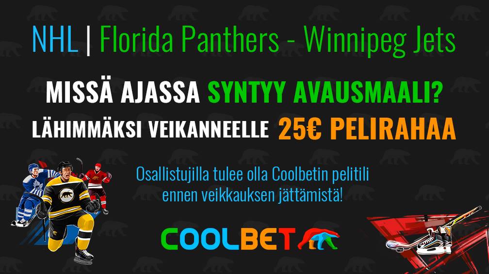 COOLBET-SKABA!

Veikkaa Panthers-Jets-ottelun avausmaalin syntyaika ja voita 25 € pelirahaa! 

Ehdot: RT + Seuraa.

Osallistumisaikaa klo 20:00 asti! #NHLfi #betsit