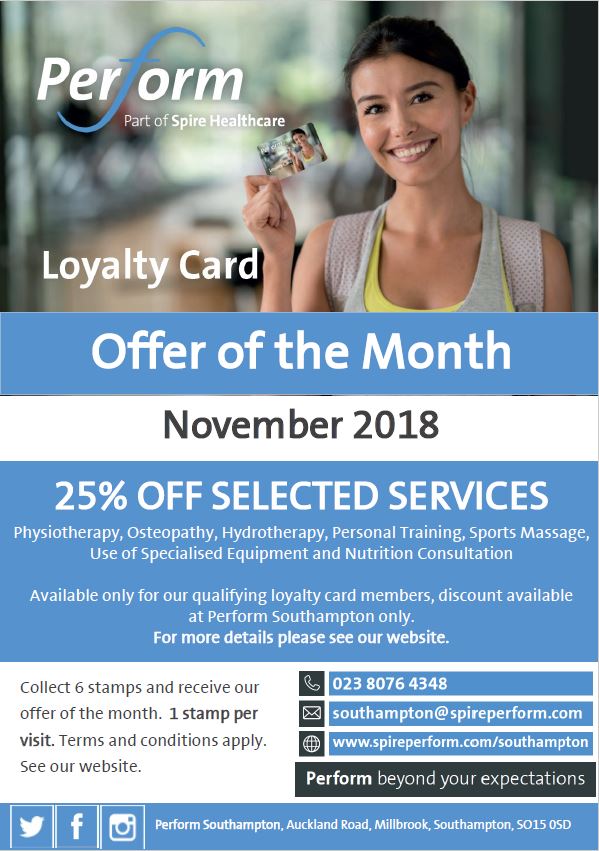 Collect your Perform Loyalty Card from reception to start saving!  Terms and conditions apply, see our website spireperform.com/southampton for details. #Discounts #offers  #Performsoton