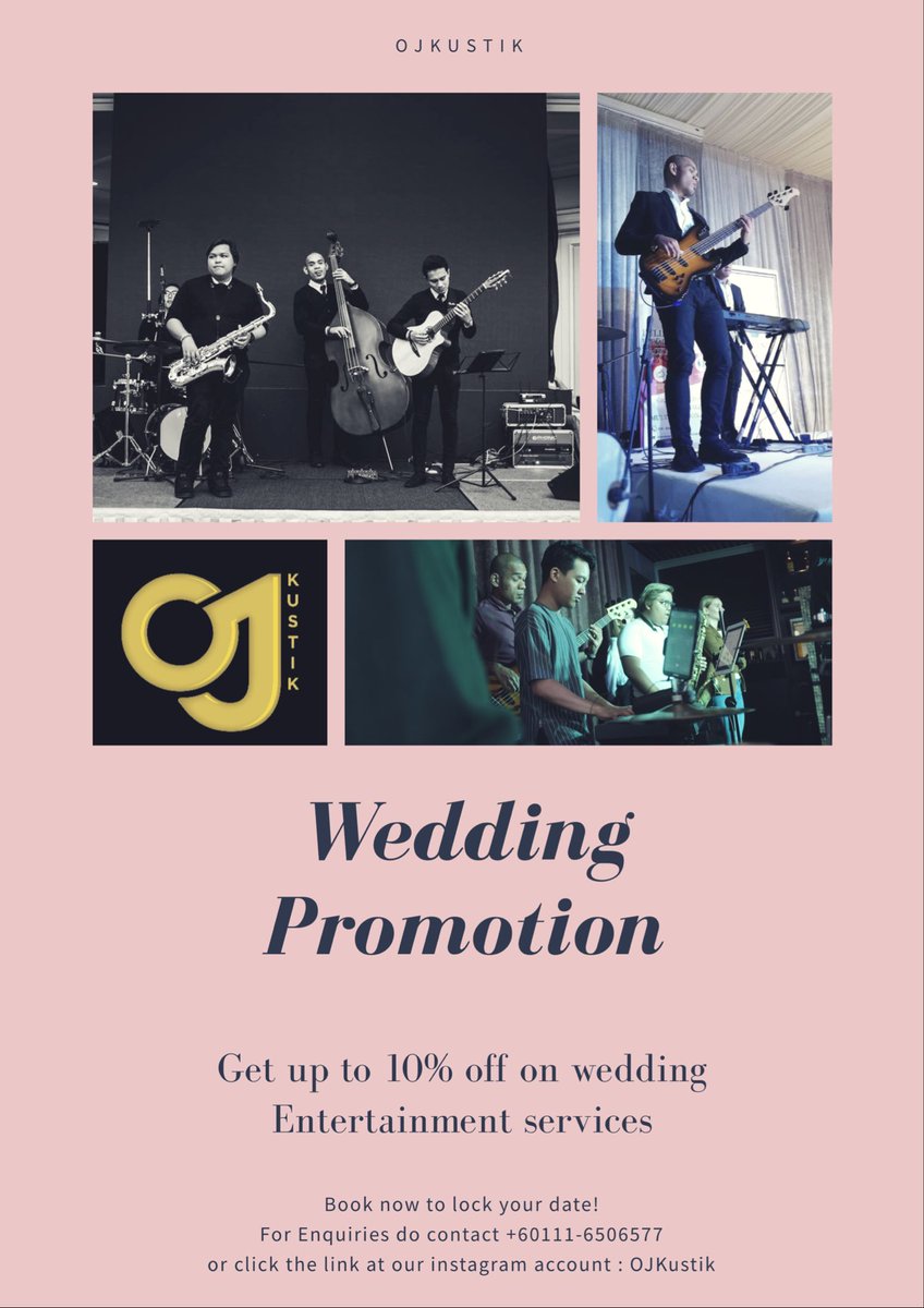 ojkustikband's tweet photo. GET 10% OFF FOR OUR SERVICE! 

OJKustik has become the first choice for live band performances. Bringing excellent performance for any kind of event such as wedding, corporate dinner, birthday party, product launching and many more! 

@twt_muzik @twt_seni @twt_malaysia 

RT! https://t.co/x41bocoEzk
