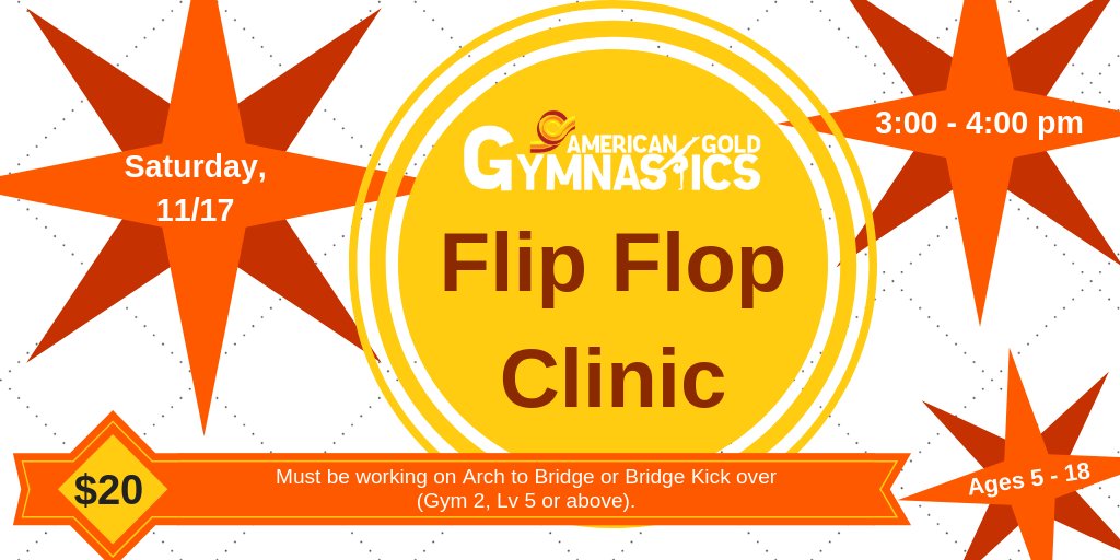AGGymnastics's tweet photo. Flip Flops? Yep, we can help your gymnast learn or master those! Sign up for our 1 hour Clinic today! Go to: https://t.co/25YXtT6ng2
#FlipFlopsForDays #AGGymnastics https://t.co/JsBqeFw3Lo