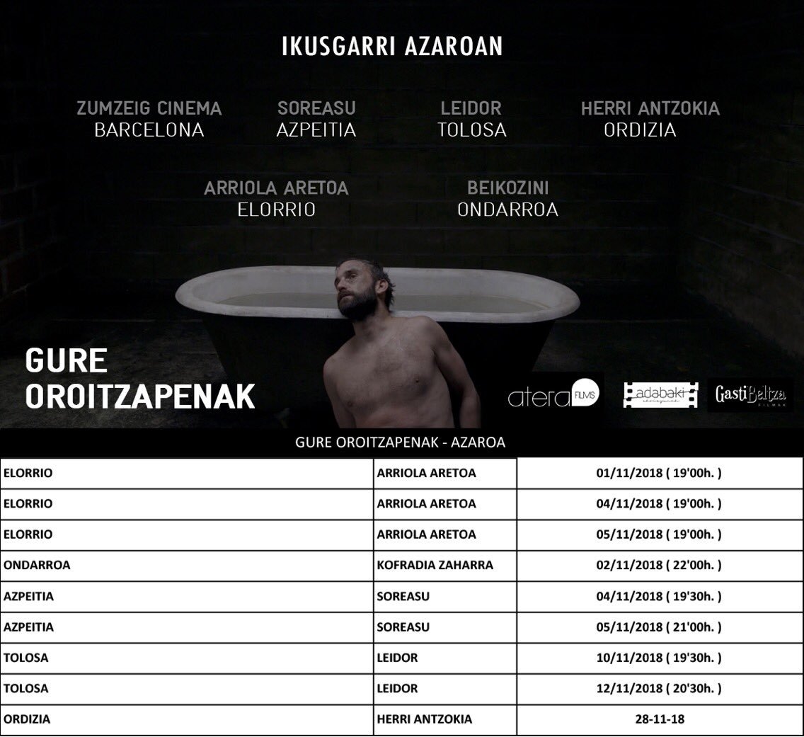 🎬 'GURE OROITZAPENAK' hirugarren astea zinematan 🎬
Azaroan ikusgarri ⬇️
@Adabakiekoizpen @Gastibeltzafilm #gureoroitzapenak