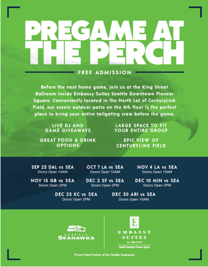 You are invited to @EmbassySeattle for the ultimate #tailgate party, #PregameAtThePerch, before every @Seahawks home game! Full details - bit.ly/2Dfd4xt #Seattle #SeattleSeahawks #Seahawks #PioneerSquare #SeattleBlogger #SeattleFootball