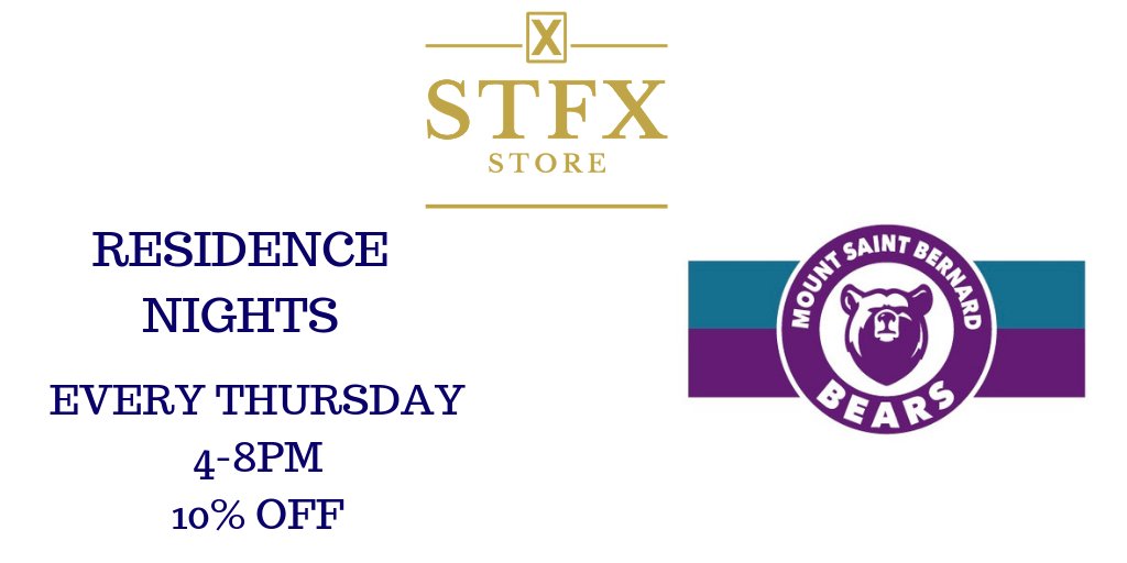 Stfxstore's tweet photo. It's Thursday and we are open late until 8, plus it's Residence Night. All students living in Mount St. Bernard will save 10% off all #stfx crested clothing and merchandise. See you tonight! #stfx #stfxuniversity #stfxstore @TheUOfficial @StFXRes @stfxuniversity https://t.co/cvaUI2HVN2