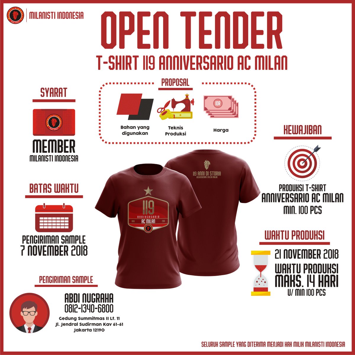 Open tender untuk kaos Anniv Milan dan Polo Shirt Tahunan Milanisti Indonesia. Caranya gimana? Cek imagenya.