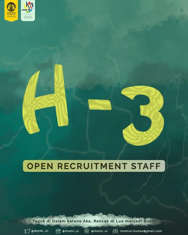 [H-3 OPEN RECRUITMENT STAFF]

Assalamualaikum dunsanak IMAMI!

Kesempatan untuak menjadi bagian dari kepengurusan IMAMI 2018/2019 tinggal 3 hari lagi.

Yukk ditunggu dan pantau terus linimasa kami!

IMAMI 2018/2019
Tagok di Dalam karano Aka
Rancak di Lua manjadi Buah