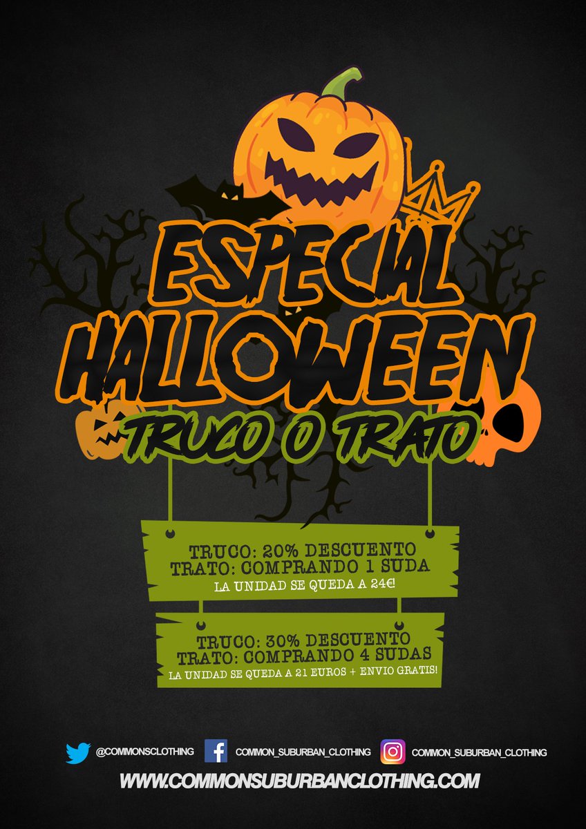 COMMONSCLOTHING's tweet image. Hola familia! Os traemos ESPECIAL HALLOWEEN para que disfrutéis de estos días en promoción! ¿TRUCO o TRATO? Elige tu descuento! commonsuburbanclothing.com #trucoOtrato #Halloween18