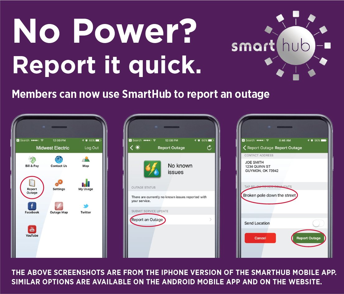 MidwestREC's tweet image. Report outages and stay up to date on restoration time with SmartHub. Create an account through our website or download the free app for mobile devices so you can get alerts via email, text, or mobile feed. #AutomaticUpdates #TheresAnAppForThat #EasyPeasy